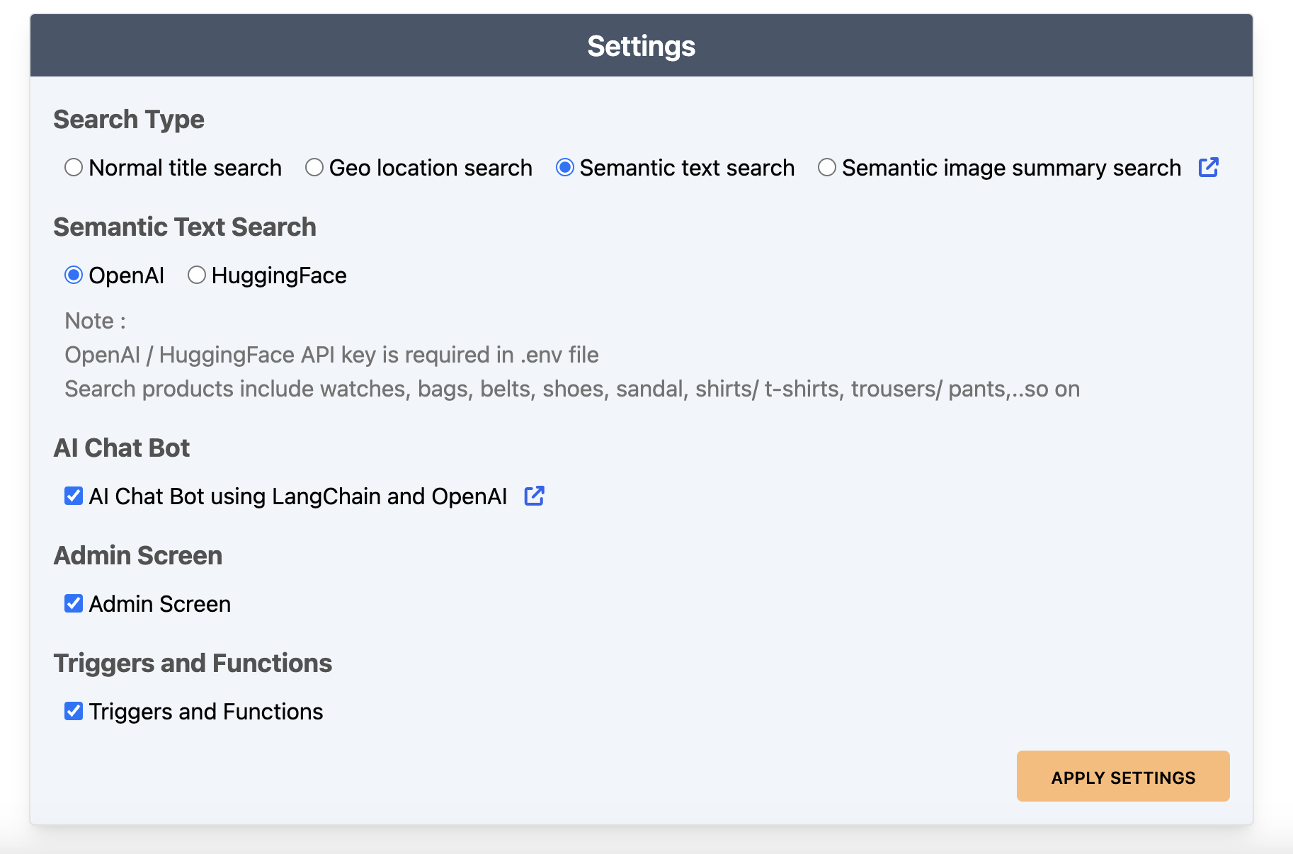 settings page