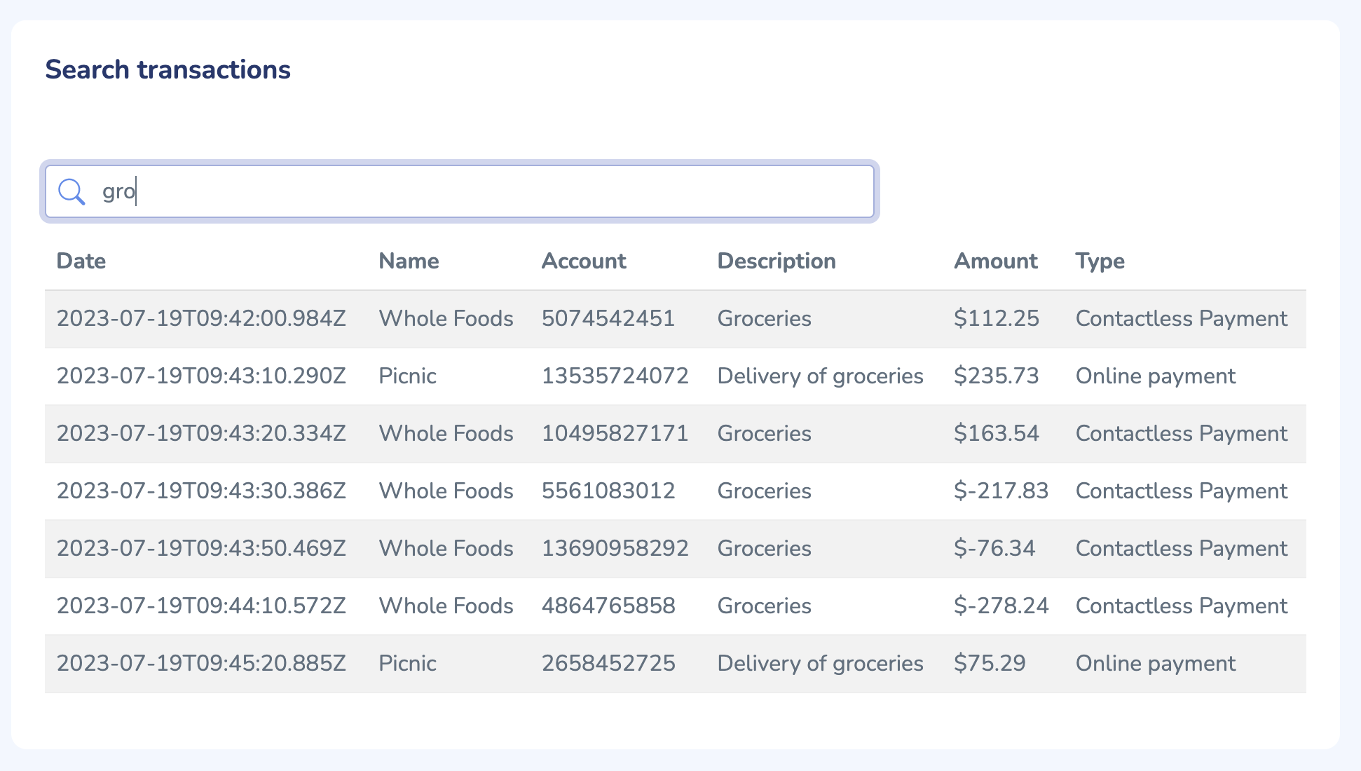 Search transactions