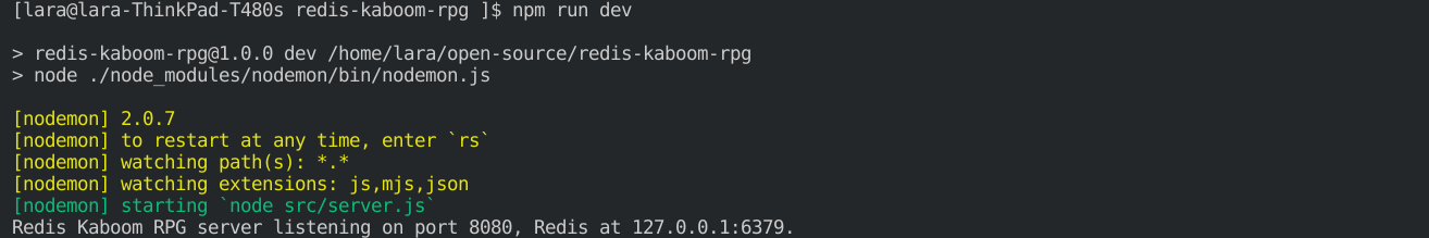 Screen grab of the Redis Kaboom server listening on port 8080