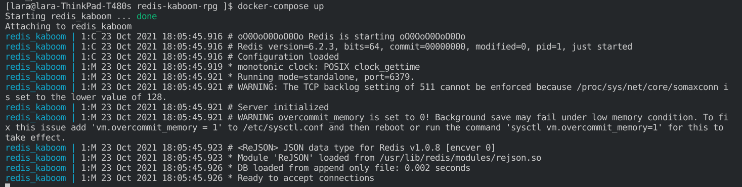 Screen grab of the Redis Kaboom server listening on port 8080