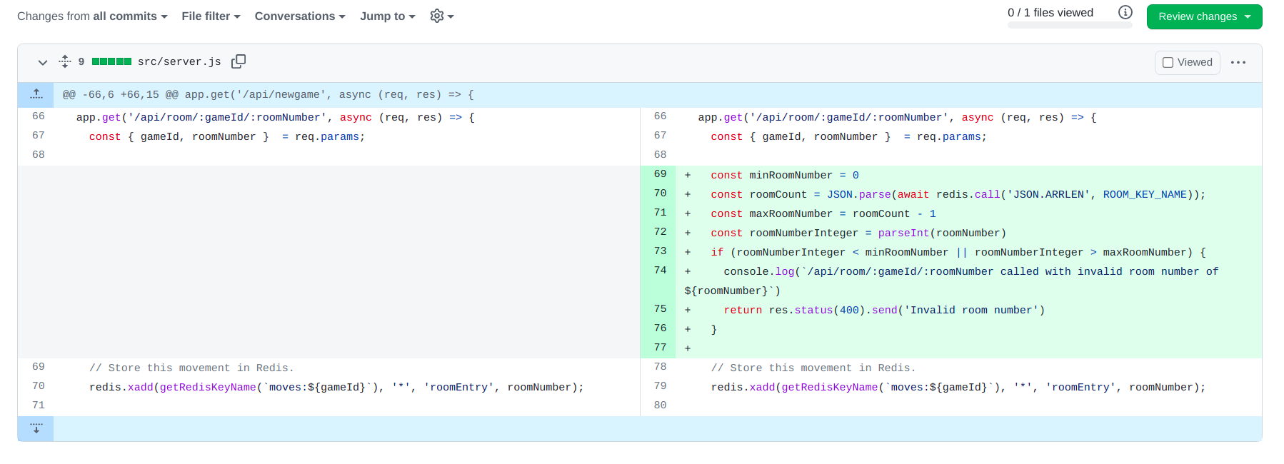 Screen grab of the file changes in GitHub