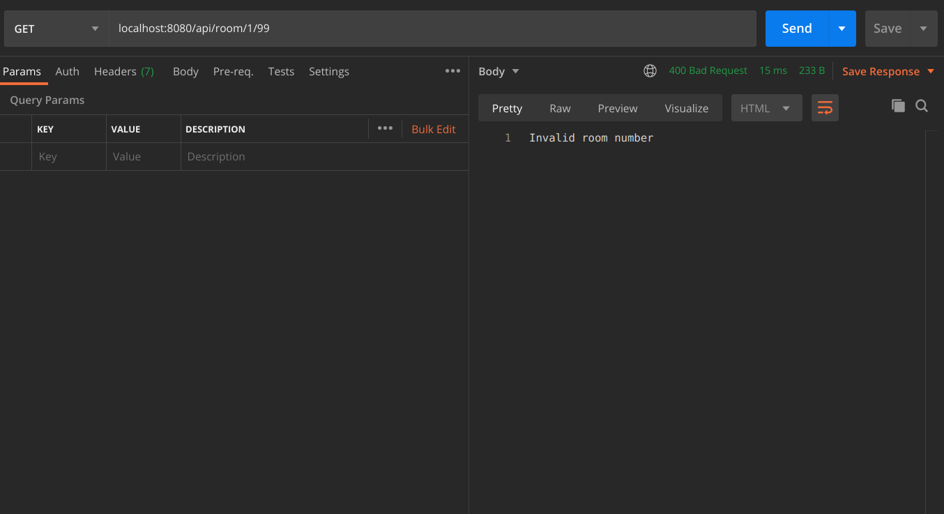 Screen grab of Postman showing an invalid room number