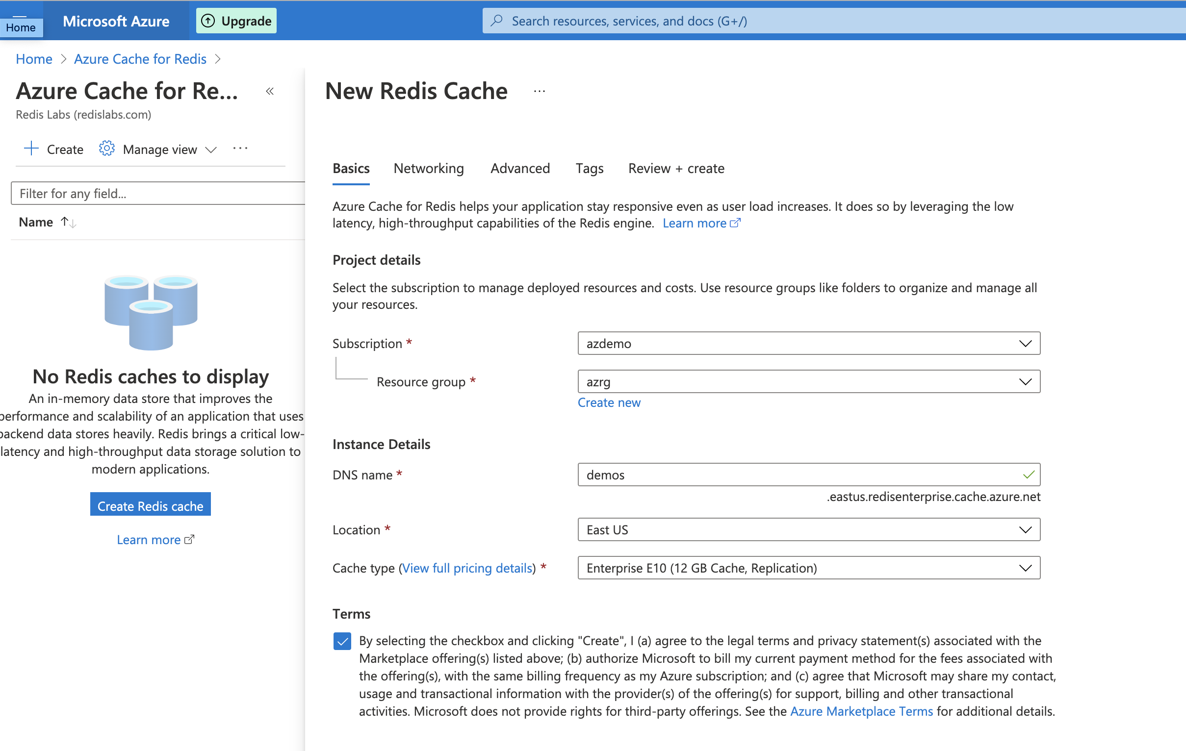 RedisLabs Azure Page