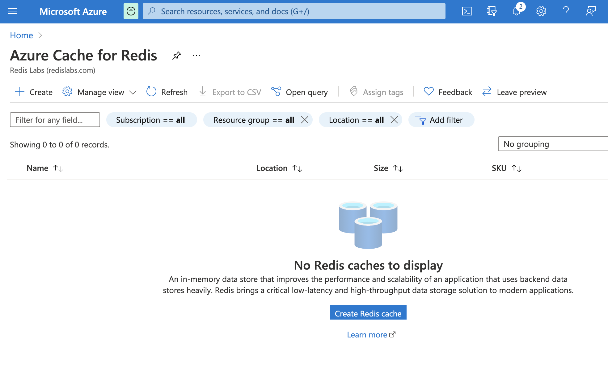 RedisLabs Azure Page