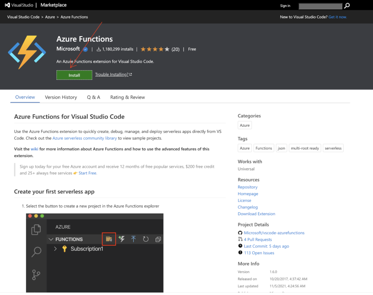 The Azure Functions extension for Visual Studio Code