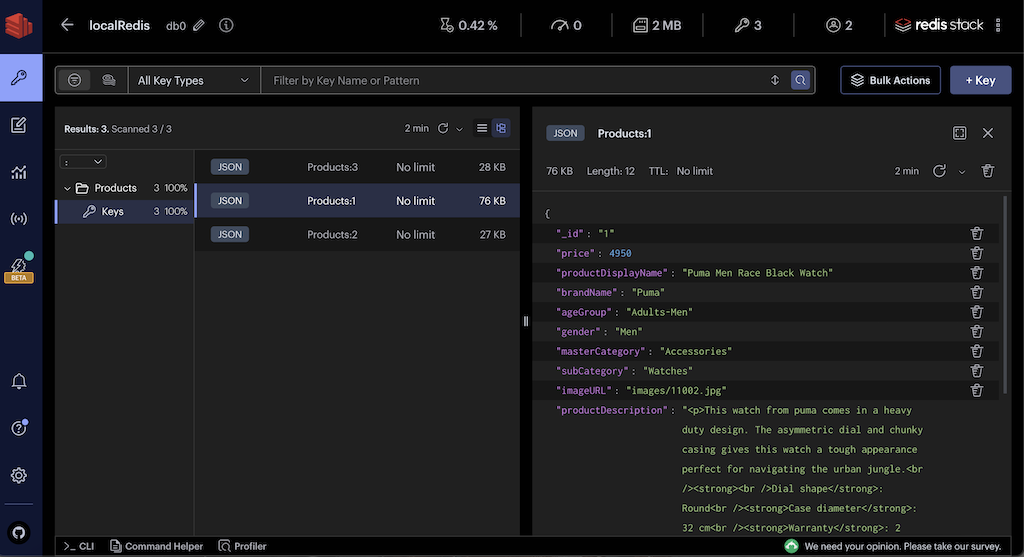 products data in RedisInsight