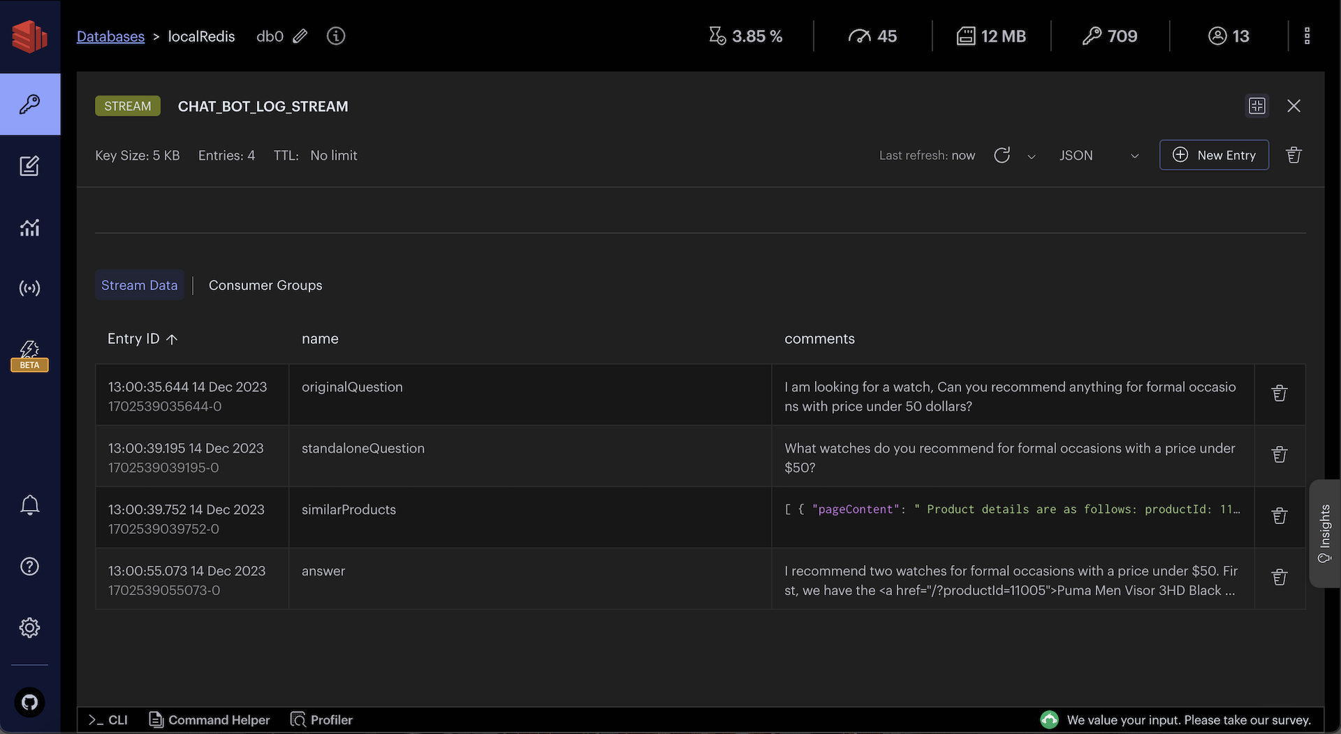 Redis Insight chat log